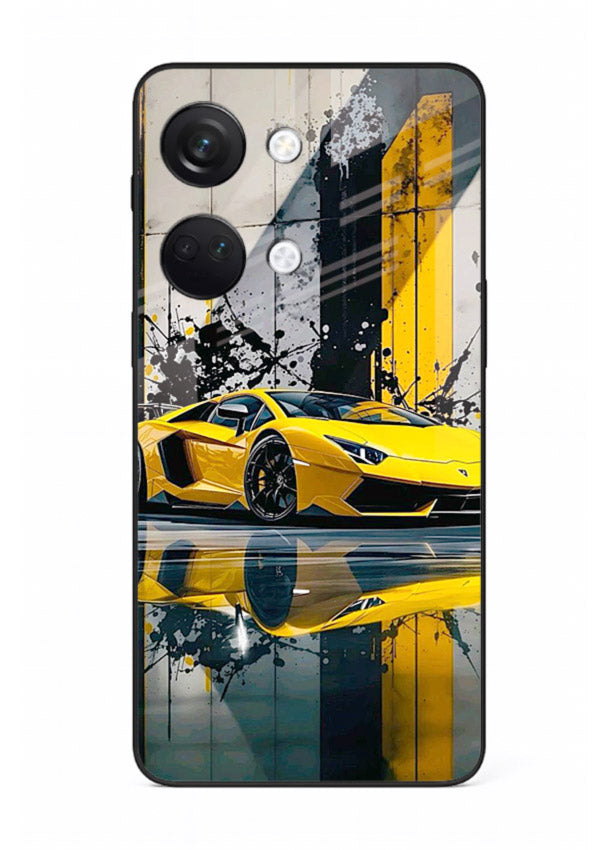 Yellow supercar design on premium tempered glass OnePlus Nord 3 back cover