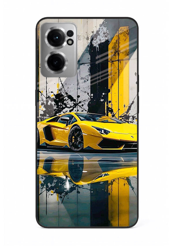 Yellow supercar design on premium tempered glass OnePlus Nord CE2 5G back cover