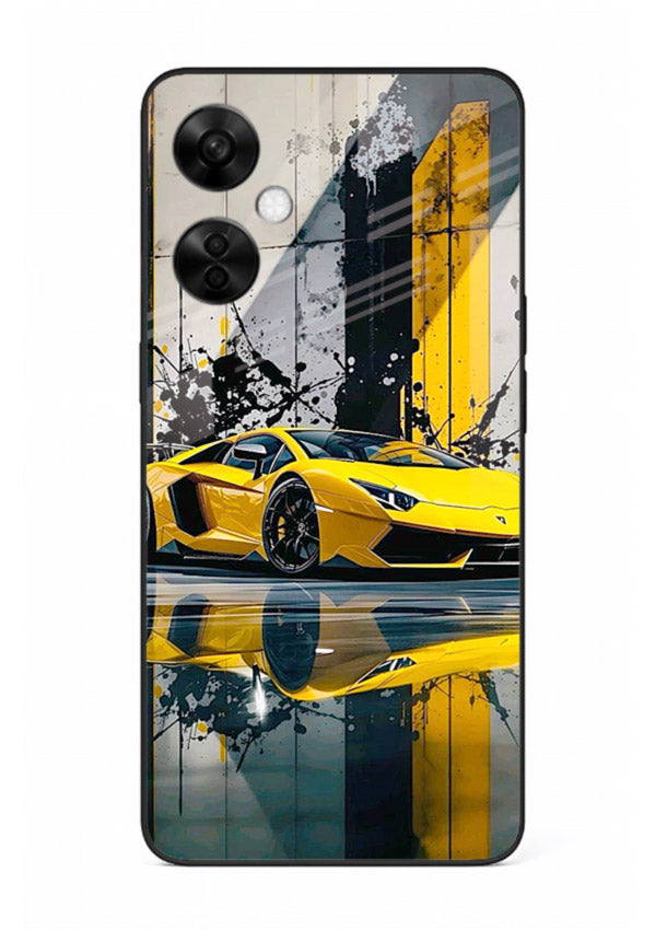 Yellow supercar design on premium tempered glass OnePlus Nord CE3 Lite back cover