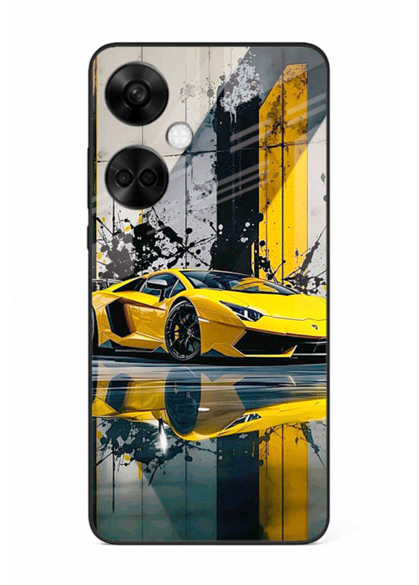 Yellow supercar design on premium tempered glass OnePlus Nord CE3 back cover