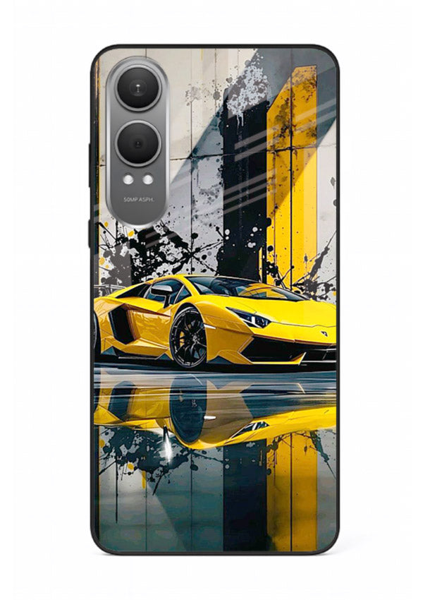 Yellow supercar design on premium tempered glass OnePlus Nord CE4 Lite back cover