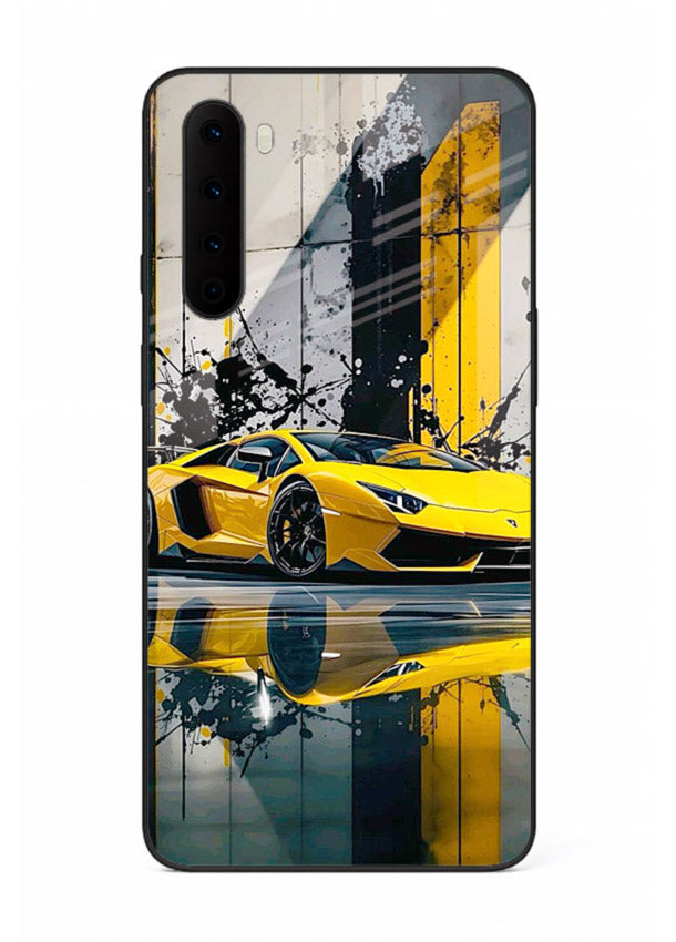 Yellow supercar design on premium tempered glass OnePlus Nord back cover