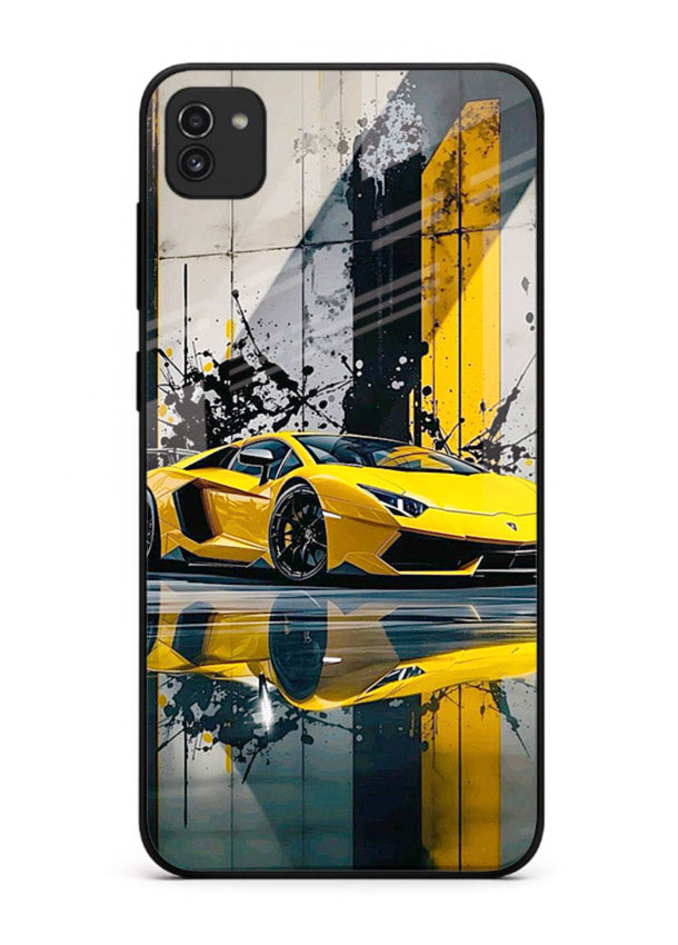 Yellow supercar design on premium tempered glass Samsung A03 back cover