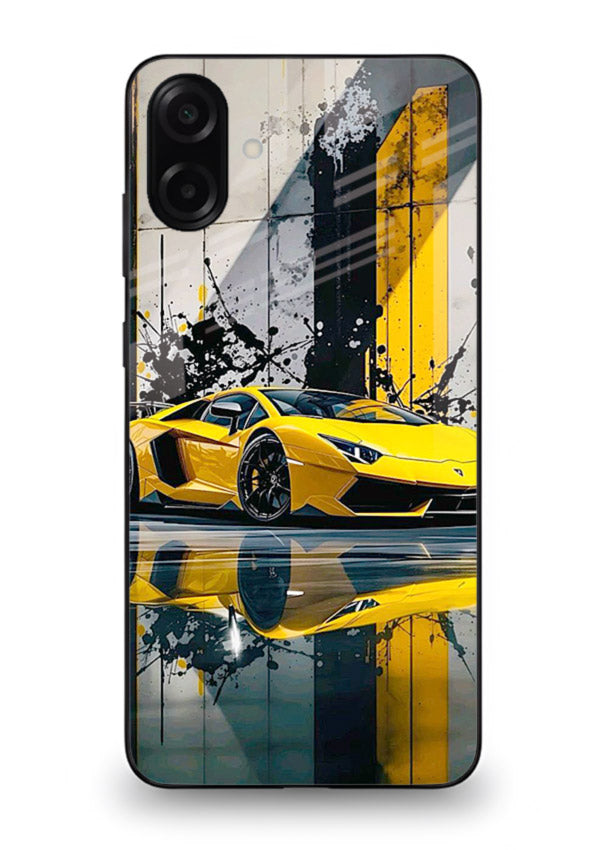 Yellow supercar design on premium tempered glass Samsung M13 5G back cover