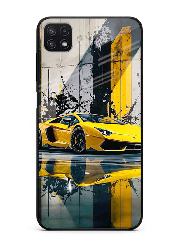 Yellow supercar design on premium tempered glass Samsung F42 5G back cover