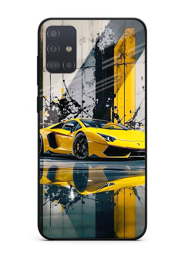 Yellow supercar design on premium tempered glass Samsung A51 back cover