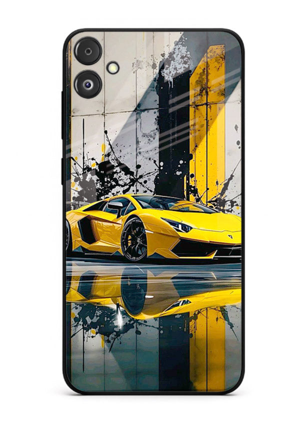 Yellow supercar design on premium tempered glass Samsung F05 5G back cover