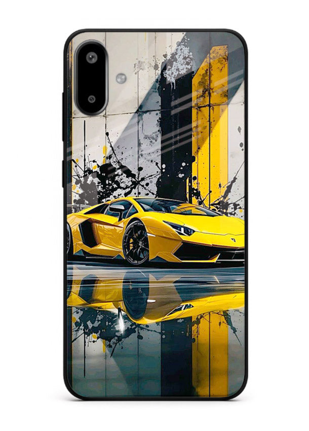 Yellow supercar design on premium tempered glass Samsung F06 5G back cover