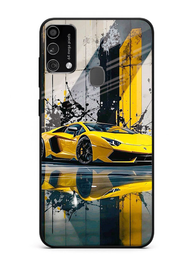 Yellow supercar design on premium tempered glass Samsung F41 back cover