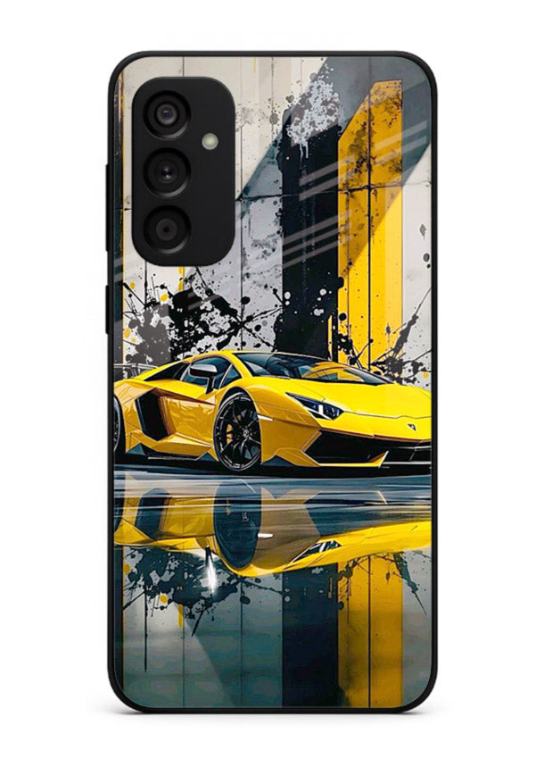 Yellow supercar design on premium tempered glass Samsung M14 5G back cover