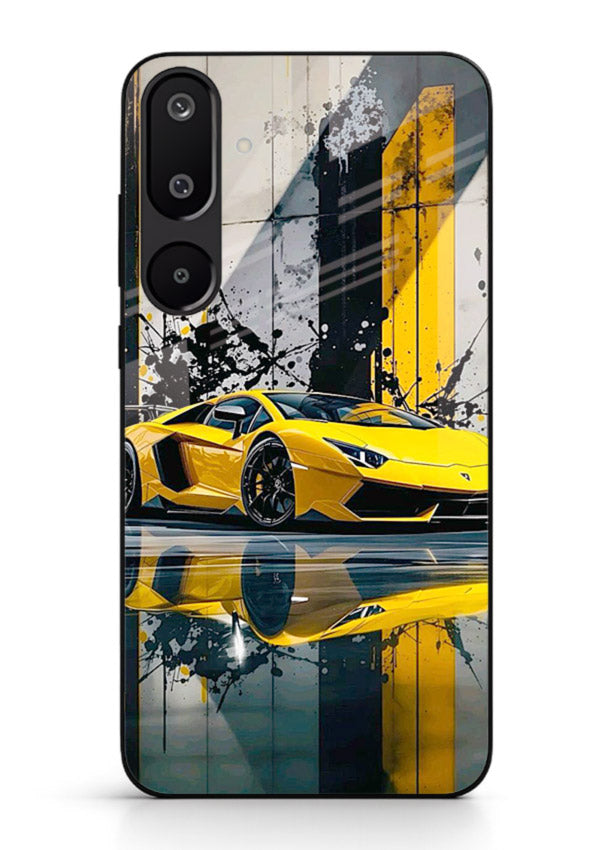 Yellow supercar design on premium tempered glass Samsung F16 5G back cover