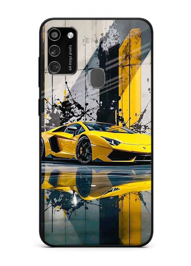 Yellow supercar design on premium tempered glass Samsung M21 back cover