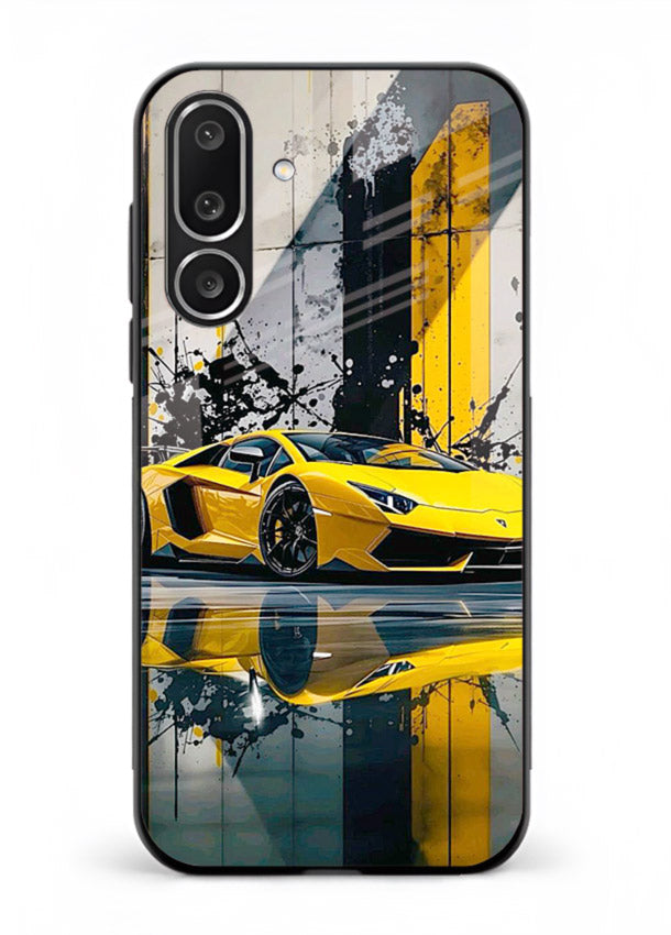 Yellow supercar design on premium tempered glass Samsung F56 5G back cover