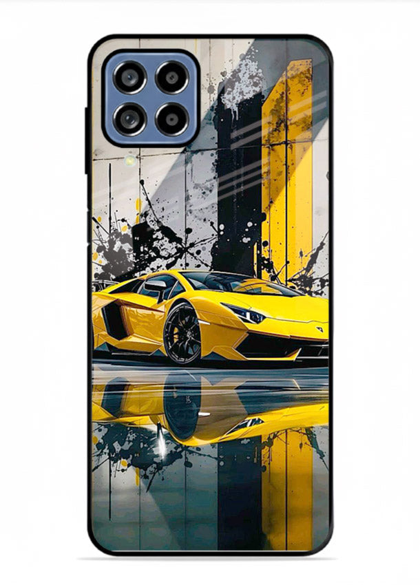 Yellow supercar design on premium tempered glass Samsung F12 5G back cover