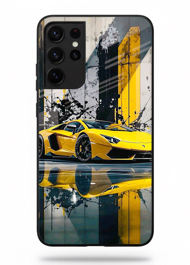 Yellow supercar design on premium tempered glass Samsung S21 Ultra back cover