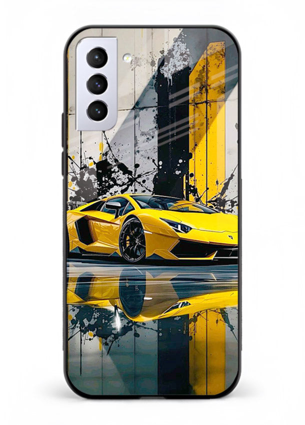 Yellow supercar design on premium tempered glass Samsung S21 Plus back cover