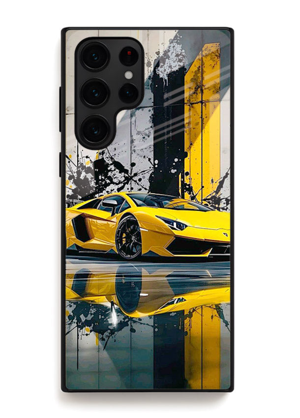Yellow supercar design on premium tempered glass Samsung S22 Ultra back cover