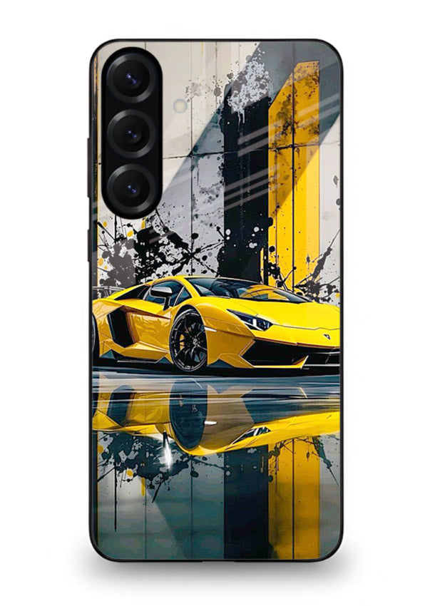 Yellow supercar design on premium tempered glass Samsung A35 5G back cover