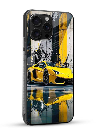 Yellow supercar design on premium tempered glass phone back cover - 2
