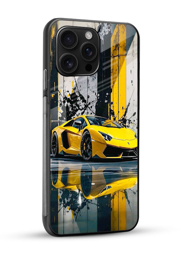 Yellow supercar design on premium tempered glass phone back cover - 2