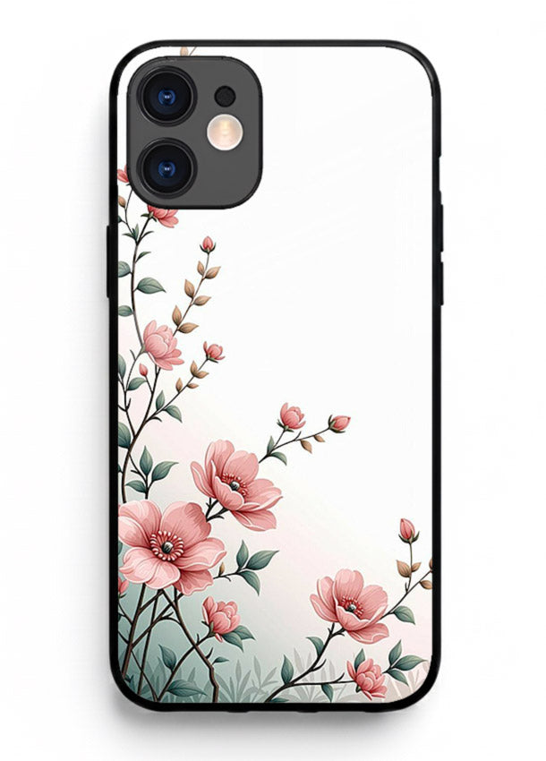Pink vertical sprig artwork on iphone 11 glass back cover with delicate botanical tones.