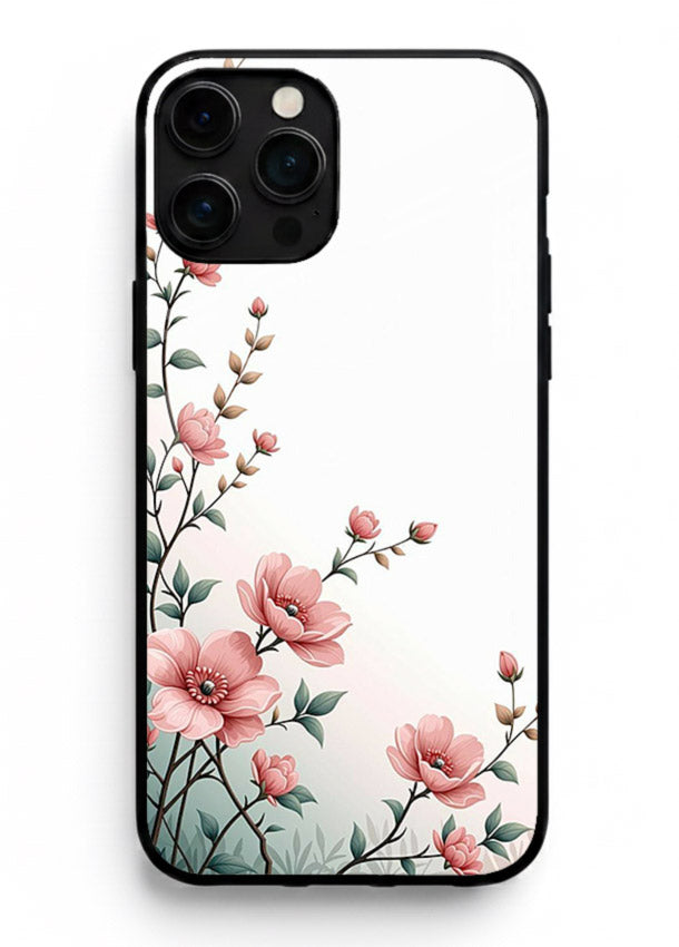 Pink vertical sprig artwork on iphone 11 pro max glass back cover with delicate botanical tones.