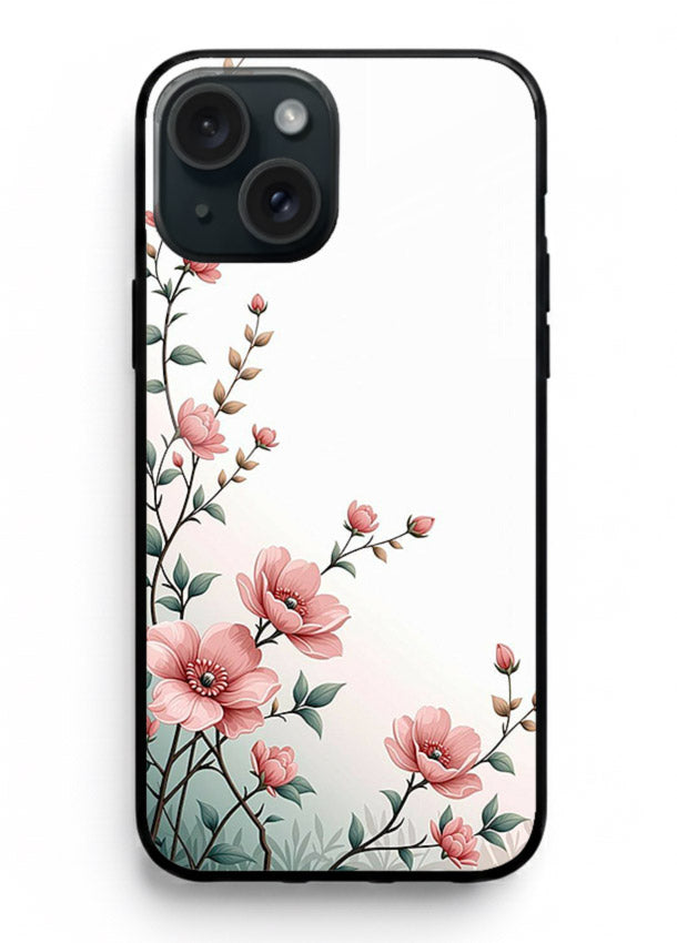 Pink vertical sprig artwork on iphone 15 plus glass back cover with delicate botanical tones.