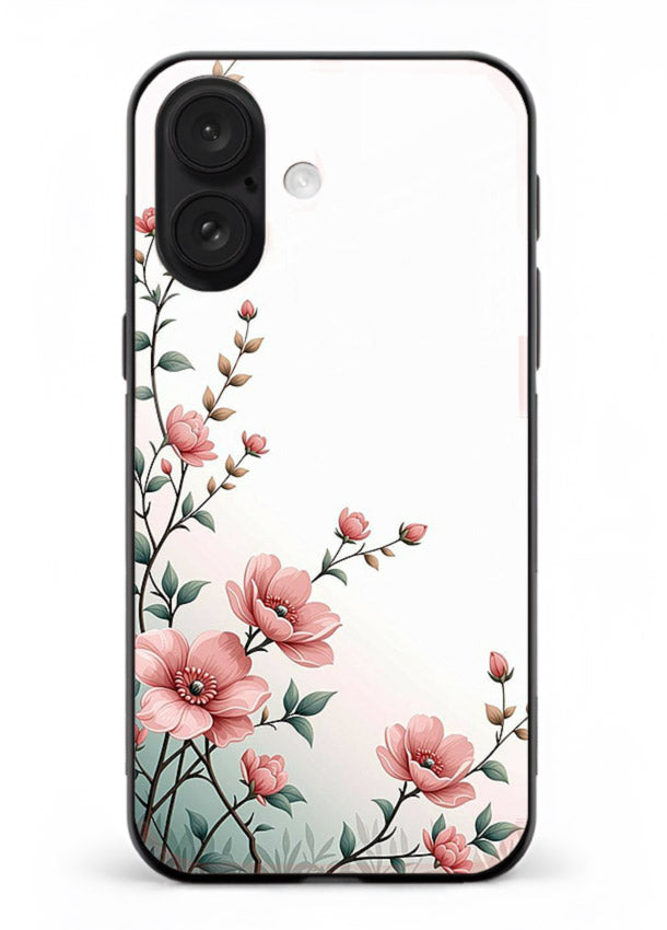 Pink vertical sprig artwork on iphone 18 glass back cover with delicate botanical tones.