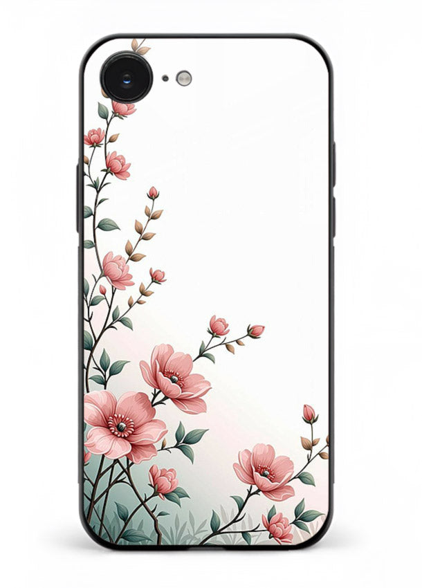 Pink vertical sprig artwork on iphone 16e glass back cover with delicate botanical tones.