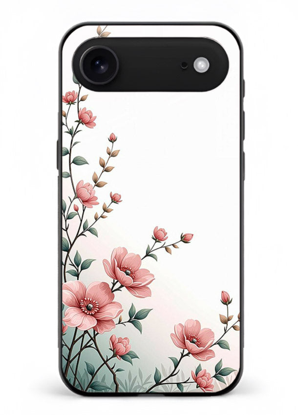 Pink vertical sprig artwork on iphone 18 air glass back cover with delicate botanical tones.
