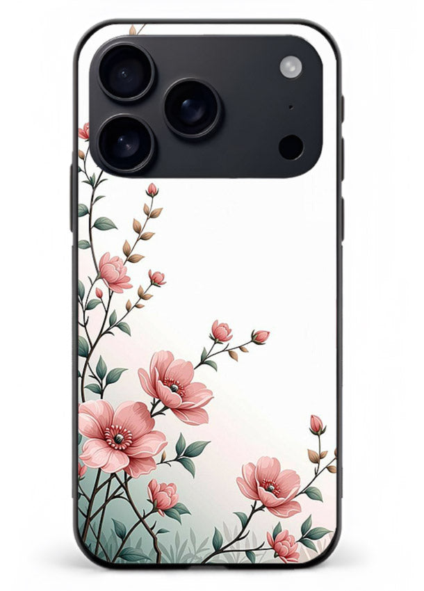Pink vertical sprig artwork on iphone 18 pro max glass back cover with delicate botanical tones.
