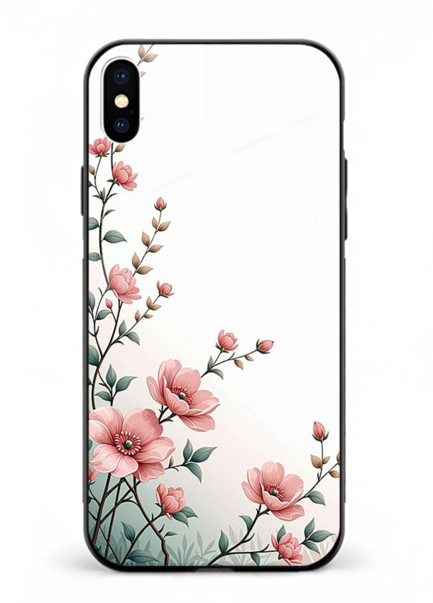 Pink vertical sprig artwork on iphone xs max glass back cover with delicate botanical tones.
