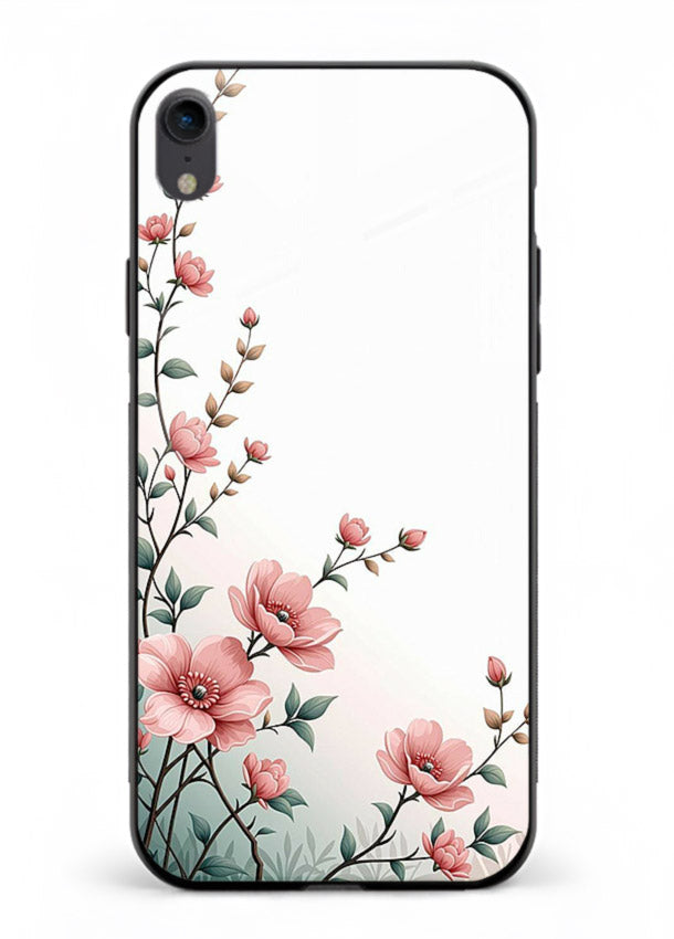 Pink vertical sprig artwork on iphone xr glass back cover with delicate botanical tones.