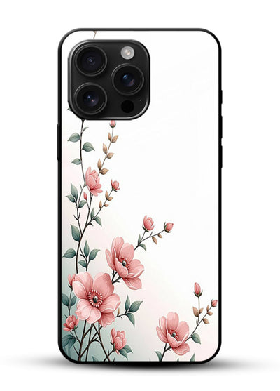 Pink vertical sprig artwork on glossy vibrant premium glass back cover with delicate botanical tones. - Angle Front