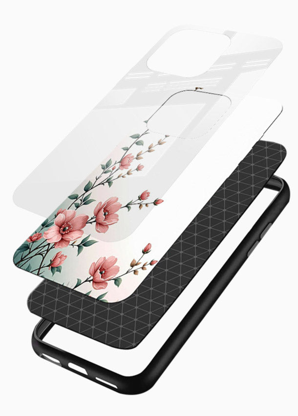 Pink vertical sprig artwork on glossy vibrant premium glass back cover with delicate botanical tones. - Angle Layers