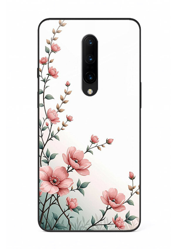 Pink vertical sprig artwork on OnePlus 7 Pro glass back cover with delicate botanical tones.