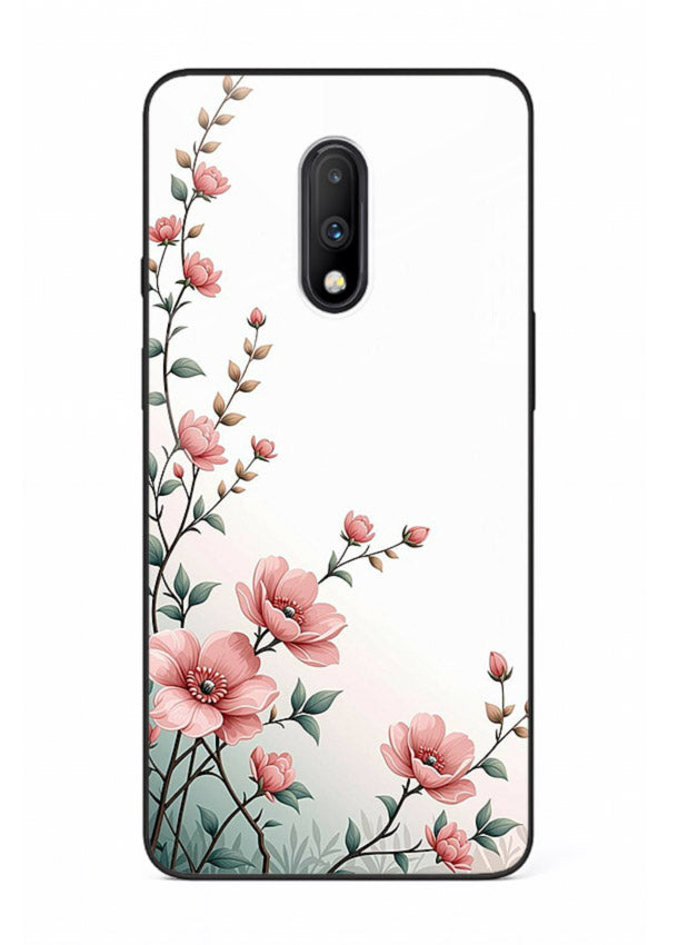 Pink vertical sprig artwork on OnePlus 7 glass back cover with delicate botanical tones.