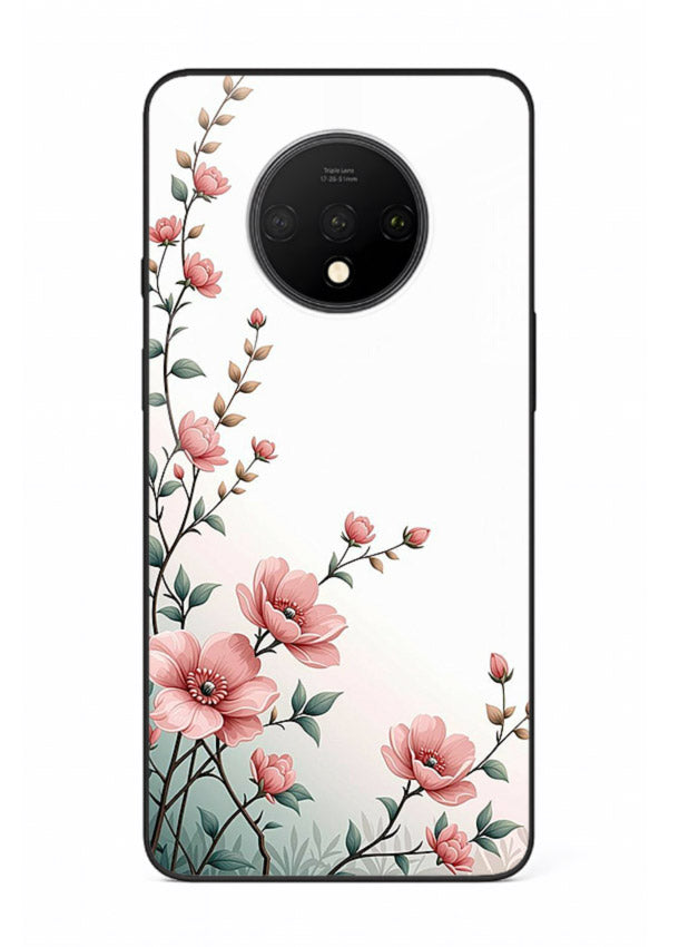 Pink vertical sprig artwork on OnePlus 7T glass back cover with delicate botanical tones.
