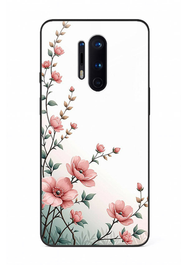 Pink vertical sprig artwork on OnePlus 8 Pro glass back cover with delicate botanical tones.