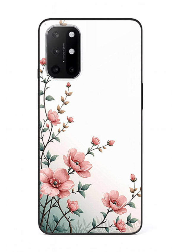 Pink vertical sprig artwork on OnePlus 8T glass back cover with delicate botanical tones.