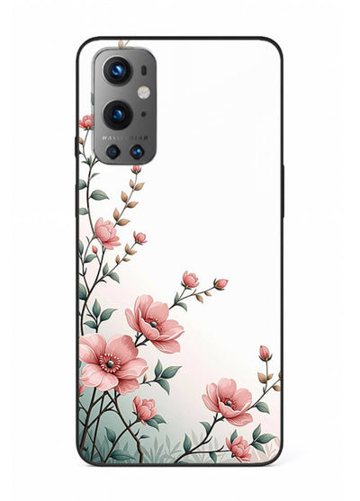 Pink vertical sprig artwork on OnePlus 9 glass back cover with delicate botanical tones.