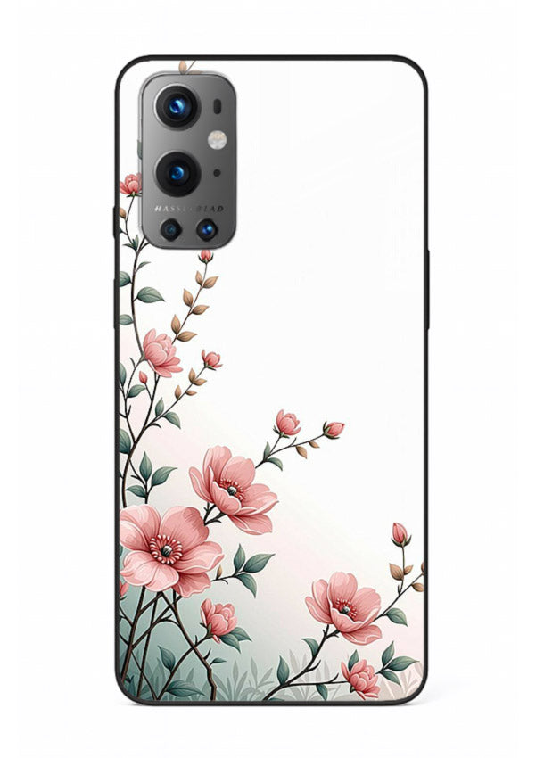 Pink vertical sprig artwork on OnePlus 9 glass back cover with delicate botanical tones.