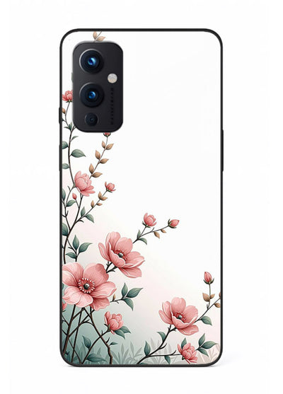 Pink vertical sprig artwork on OnePlus 9 Pro glass back cover with delicate botanical tones.