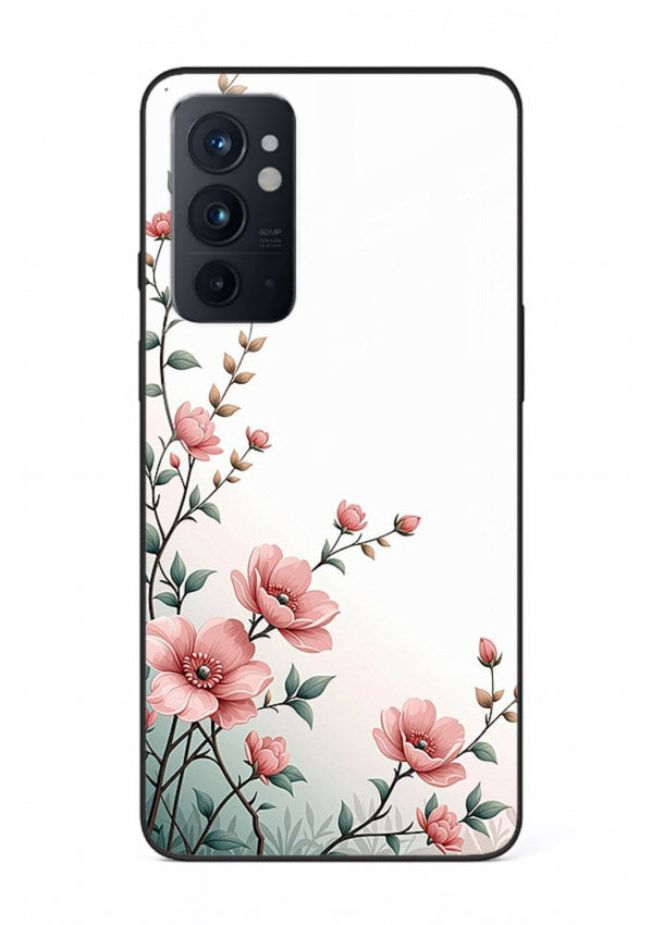 Pink vertical sprig artwork on OnePlus 9RT glass back cover with delicate botanical tones.