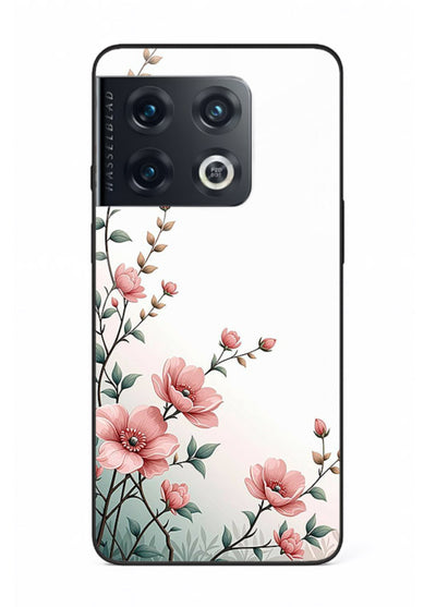 Pink vertical sprig artwork on OnePlus 10 Pro glass back cover with delicate botanical tones.
