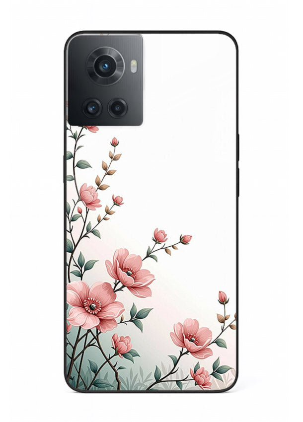 Pink vertical sprig artwork on OnePlus 10R glass back cover with delicate botanical tones.