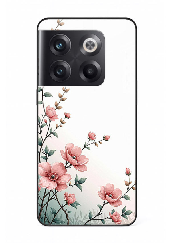 Pink vertical sprig artwork on OnePlus 10T glass back cover with delicate botanical tones.