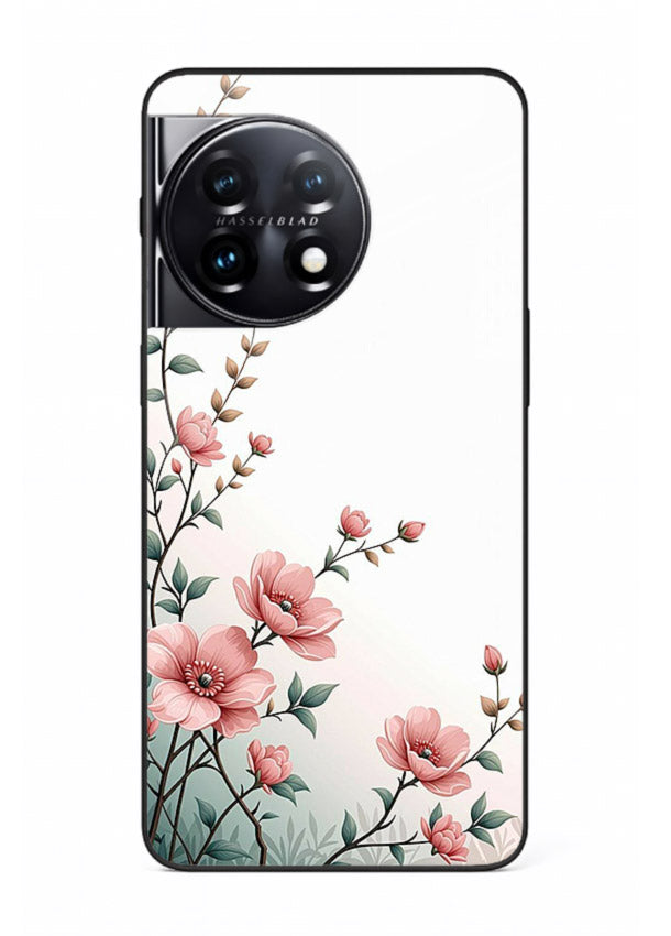 Pink vertical sprig artwork on OnePlus 11 glass back cover with delicate botanical tones.
