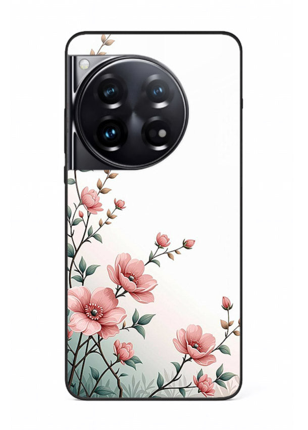 Pink vertical sprig artwork on OnePlus 12 glass back cover with delicate botanical tones.