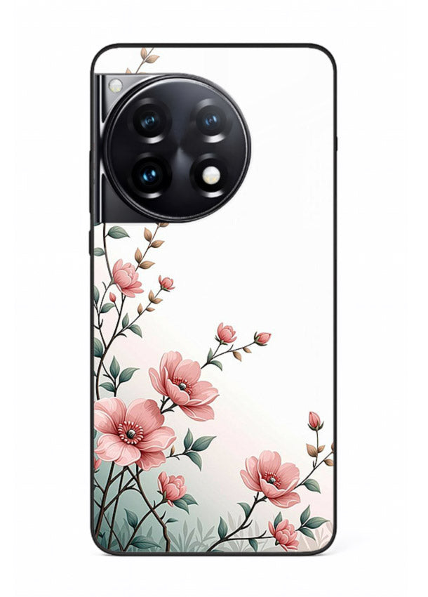 Pink vertical sprig artwork on OnePlus 12R glass back cover with delicate botanical tones.